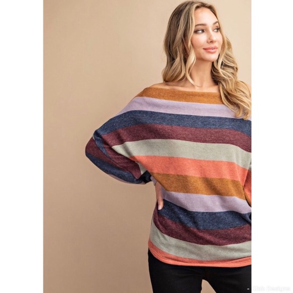 New! Trendy Comfy Off Shoulder Stripe Dolman Top. - Picture 7 of 7